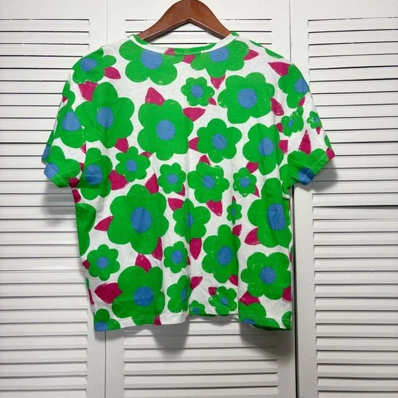 Zara Cotton Green and White Short Sleeve T-Shirt with Floral Pattern Size M - Picture 5 of 5